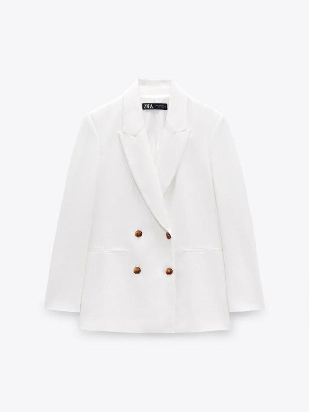 Zara White Double-Breasted Blazer with Brown Buttons